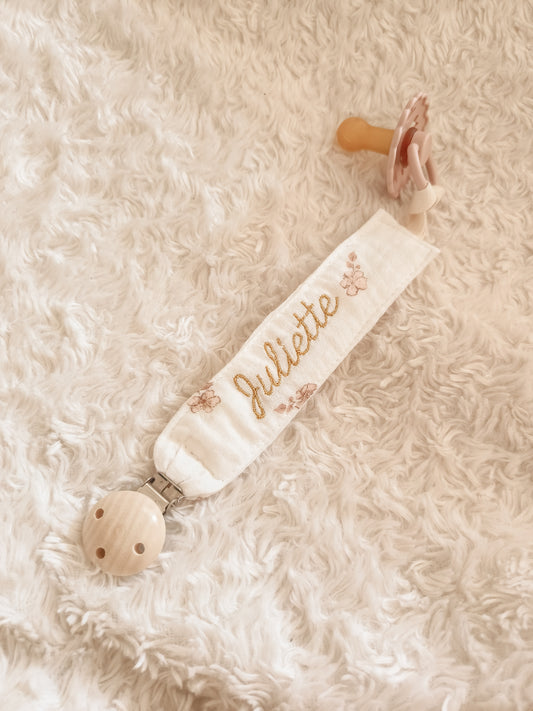 Attache Sucette brodée - Fleurs romantiques